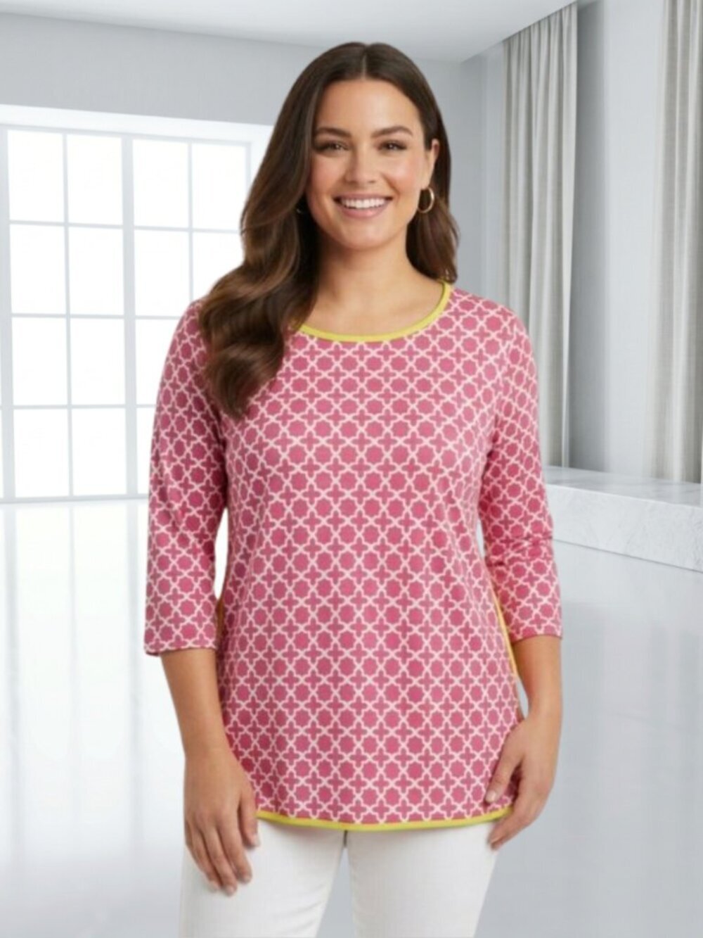 Ruby Rd. Geometric Bubblegum Pink Neon Yellow 3/4 Sleeve Blouse Top M